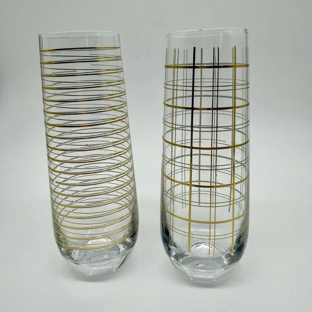 Vintage Stemless Champagne Flutes Glasses Mid-Century MCM Gold Barware Atomic